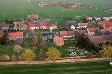 Church building in the village of in Niederer Flaeming in the state Brandenburg, Germany from above