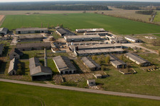 Aerial view of Ruin of abandoned agricultural function building in the district Ahlsdorf in Schoenewalde in the state Brandenburg