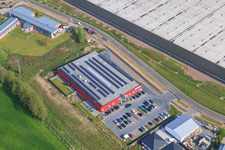 Aerial view of Bienwald-Fitnessworld in the Horst industrial park in the district Minderslachen in Kandel in the state Rhineland-Palatinate, Germany