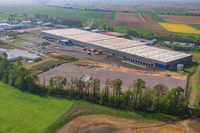 Aerial view of Logistics center Gazely in the Horst industrial park in the district Minderslachen in Kandel in the state Rhineland-Palatinate, Germany