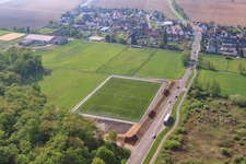 Aerial view of New artificial turf pitch in the district Minderslachen in Kandel in the state Rhineland-Palatinate, Germany