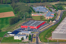 Aerial photograpy of Bienwald-Fitnessworld in the Horst industrial park in the district Minderslachen in Kandel in the state Rhineland-Palatinate, Germany