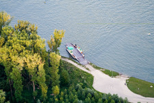 Aerial view of Landing stage of the Baden-Palatinate Rhine ferry to Neuburgweier in Neuburg am Rhein in the state Rhineland-Palatinate, Germany