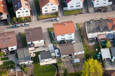 Home gardens in Rosenstr in the district Reichenbach in Waldbronn in the state Baden-Wuerttemberg, Germany seen from above