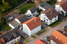 Home gardens in Rosenstr in the district Reichenbach in Waldbronn in the state Baden-Wuerttemberg, Germany from the plane