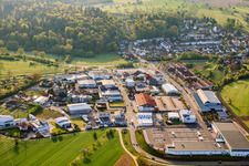 Aerial view of Schießhüttencenter industrial park from the west in the district Langensteinbach in Karlsbad in the state Baden-Wuerttemberg, Germany