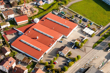 Aerial photograpy of Building and production halls on the premises of Vogelsitze GmbH in Stupferich in the state Baden-Wurttemberg, Germany