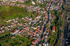 Aerial view of Bühlstraße St. Pius X in the district Söllingen in Pfinztal in the state Baden-Wuerttemberg, Germany