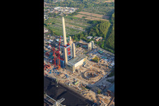 Aerial photograpy of EnBW new coal-fired power plant on the Rhine in the district Daxlanden in Karlsruhe in the state Baden-Wuerttemberg, Germany