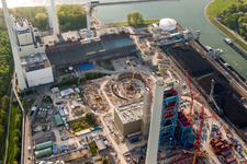 Aerial photograpy of Construction site of power plants and exhaust towers of thermal power station EnBW Energie Baden-Wuerttemberg AG, Rheinhafen-Dampfkraftwerk Karlsruhe in Karlsruhe in the state Baden-Wurttemberg, Germany