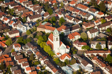 Holy Spirit Church in the district Daxlanden in Karlsruhe in the state Baden-Wuerttemberg, Germany from above