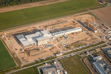 Aerial view of New construction of EDEDKA Südwestfleisch at the gliding airfield in the district Silberstreifen in Rheinstetten in the state Baden-Wuerttemberg, Germany