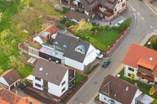Drone recording of Brunnenstraße Butcher Bernd Glasstetter in the district Völkersbach in Malsch in the state Baden-Wuerttemberg, Germany