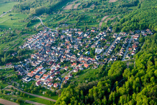 Aerial view of Village - view on the edge of agricultural fields and farmland in Sulzbach in the state Baden-Wurttemberg, Germany