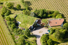 Aerial view of Bioland winegrowing under the grass roof Marzolph winery in the district Wollmesheim in Landau in der Pfalz in the state Rhineland-Palatinate, Germany