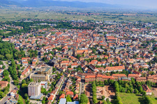 Aerial view of City center with the Catholic Church of the Assumption of Mary (St. Mary's Church), St. Vincent's Hospital and former barracks on Cornichonstrasse in Landau in der Pfalz in the state Rhineland-Palatinate, Germany