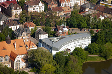 Aerial view of Swan Pond at the Parkhotel Landau and Art Nouveau Festival Hall in Landau in der Pfalz in the state Rhineland-Palatinate, Germany