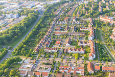 Aerial view of In Säuterich in the district of Aue in the district Durlach in Karlsruhe in the state Baden-Wuerttemberg, Germany