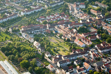 Floodplain in the district Durlach in Karlsruhe in the state Baden-Wuerttemberg, Germany viewn from the air