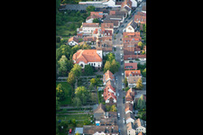 Aerial view of Church of the Resurrection in the district Rüppurr in Karlsruhe in the state Baden-Wuerttemberg, Germany