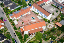 Aerial view of School, kindergarten and village community center in Hatzenbühl in the state Rhineland-Palatinate, Germany