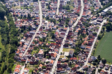 Aerial photograpy of Leopoldstraße from the northwest in the district Leopoldshafen in Eggenstein-Leopoldshafen in the state Baden-Wuerttemberg, Germany
