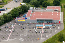Aerial view of Store of the Supermarket Carrefour Market Lauterbourg in Scheibenhard in Grand Est, France