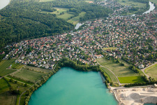 Aerial photograpy of Terrain and overburden areas of the Gravière open-cast gravel mine at the quarry lake in La Wantzenau in the state Bas-Rhin, France