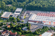 Aerial view of Building and production halls on the premises of WeberHaus GmbH & Co. KG in the district Linx in Rheinau in the state Baden-Wurttemberg, Germany