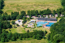 Aerial photograpy of Waterslide on Swimming pool of the Waldschwimmbad Kandel in Kandel in the state Rhineland-Palatinate