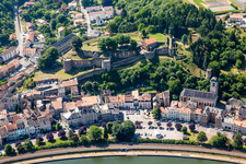 Aerial view of Village on the river bank areas of the river Mosel in Sierck-les-Bains in Grand Est, France