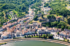 Aerial photograpy of Village on the river bank areas of the river Mosel in Sierck-les-Bains in Grand Est, France