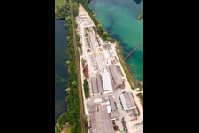 Mixed concrete parts factory at a lake in the district Rheinsheim in Philippsburg in the state Baden-Wurttemberg, Germany