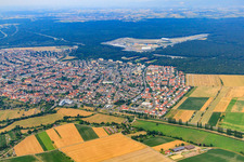 Aerial view of City view from the south in Hockenheim in the state Baden-Wuerttemberg, Germany