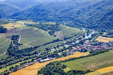 Aerial view of Wine village on the Nahe below the Hermannsberg vineyard in Oberhausen an der Nahe in the state Rhineland-Palatinate, Germany