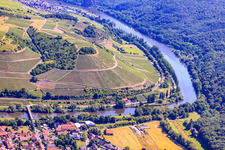 Aerial photograpy of Wine village on the Nahe below the Hermannsberg vineyard in Oberhausen an der Nahe in the state Rhineland-Palatinate, Germany