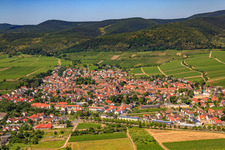 Aerial view of Wine-growing town on the Palatinate Wine Route between vineyards from the northeast in Deidesheim in the state Rhineland-Palatinate, Germany