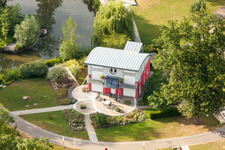 Aerial view of Exhibition grounds and exhibition halls of the World of Living in the district Linx in Rheinau in the state Baden-Wurttemberg, Germany