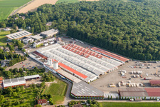 Building and production halls on the premises of WeberHaus GmbH & Co. KG in the district Linx in Rheinau in the state Baden-Wurttemberg, Germany seen from above