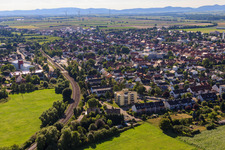 City view with railway line from the southeast in Kandel in the state Rhineland-Palatinate, Germany
