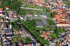 Greenhouses on Lindenstr in Rülzheim in the state Rhineland-Palatinate, Germany viewn from the air