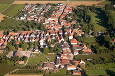 Aerial view of Oberdorfstraße with Protestant church in the district Mühlhofen in Billigheim-Ingenheim in the state Rhineland-Palatinate, Germany