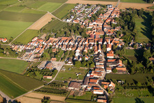 Aerial photograpy of Oberdorfstraße with Protestant church in the district Mühlhofen in Billigheim-Ingenheim in the state Rhineland-Palatinate, Germany
