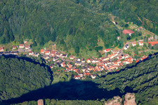 View from the east from the Scharfenberg ruins into the village in the district Bindersbach in Annweiler am Trifels in the state Rhineland-Palatinate, Germany