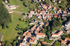 Aerial view of Two Church buildings in the village of in Climbach in Grand Est, France