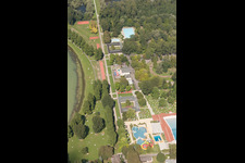 Aerial photograpy of Bathers on the lawn by the pool of the swimming pool Rheinstrandbad Rappenwoert in the district Daxlanden in Karlsruhe in the state Baden-Wurttemberg, Germany