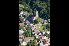 Aerial view of Catholic Church of St. Charles Borromeo in the district Neusatz in Bühl in the state Baden-Wuerttemberg, Germany