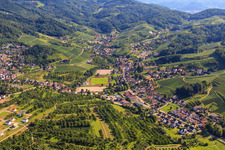 Aerial view of Rodeck Stadium with sports fields of FSV Kappelrodeck-Waldulm in the district Waldulm in Kappelrodeck in the state Baden-Wuerttemberg, Germany