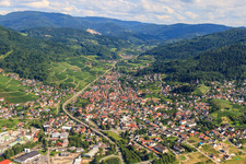 Aerial view of City view in the Acher Valley from the northwest in Kappelrodeck in the state Baden-Wuerttemberg, Germany
