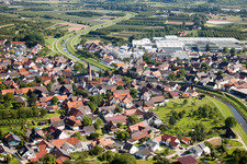 Aerial view of Village on the river bank areas of the river Rench in the district Erlach in Renchen in the state Baden-Wurttemberg